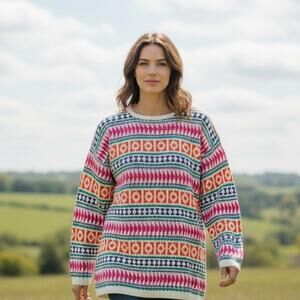 Vintage Units Tunic Sweater Womens Small Multicolor Geometric Shoulder Pads 80s